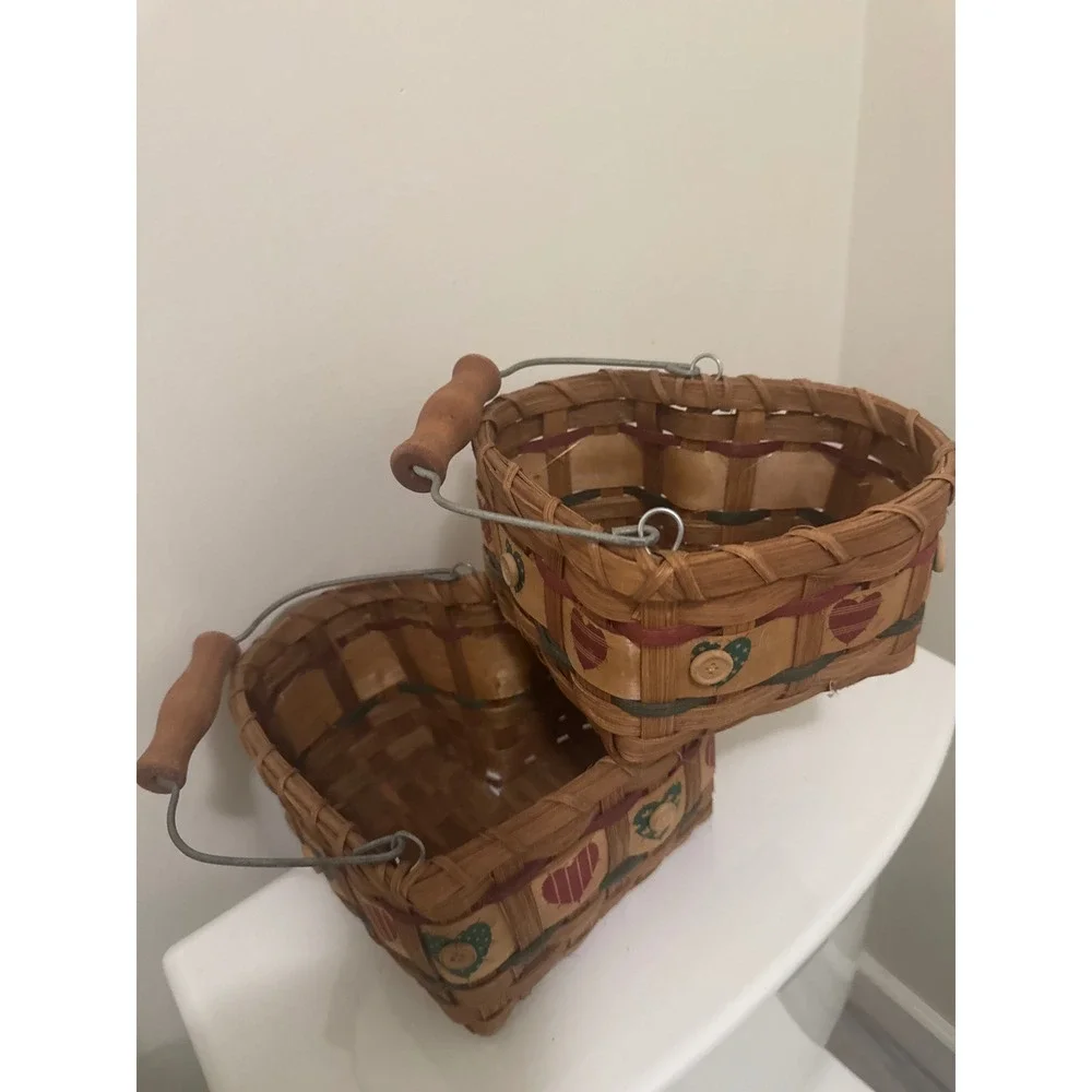 Vintage Heart Shaped Woven Baskets Set of 2 Country Primitive Decor with Handles